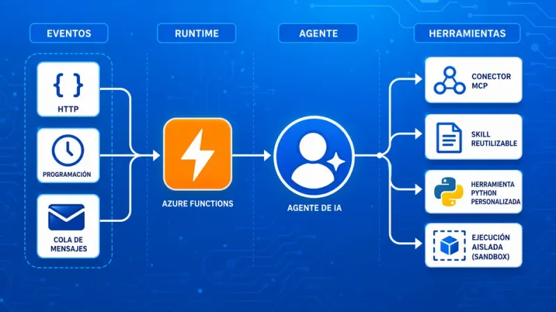 Diagrama donde eventos HTTP, programados y de colas activan un agente en Azure Functions que usa MCP, skills, herramientas Python y ejecución aislada