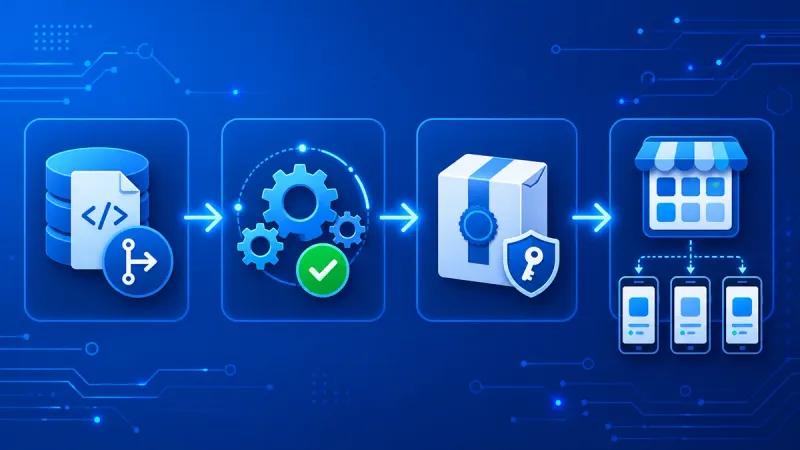 Flujo de entrega de una aplicación .NET MAUI desde GitHub hasta un bundle firmado, Google Play Internal Testing y los teléfonos de prueba