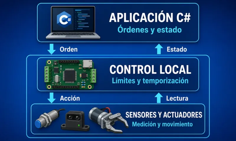 Aplicación C# para órdenes y estado, control local para límites y temporización, y sensores y actuadores que permiten medir el resultado físico